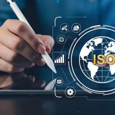 A professional using a tablet with a digital ISO globe overlay, representing the factors influencing ISO Certification Cost in UAE.
