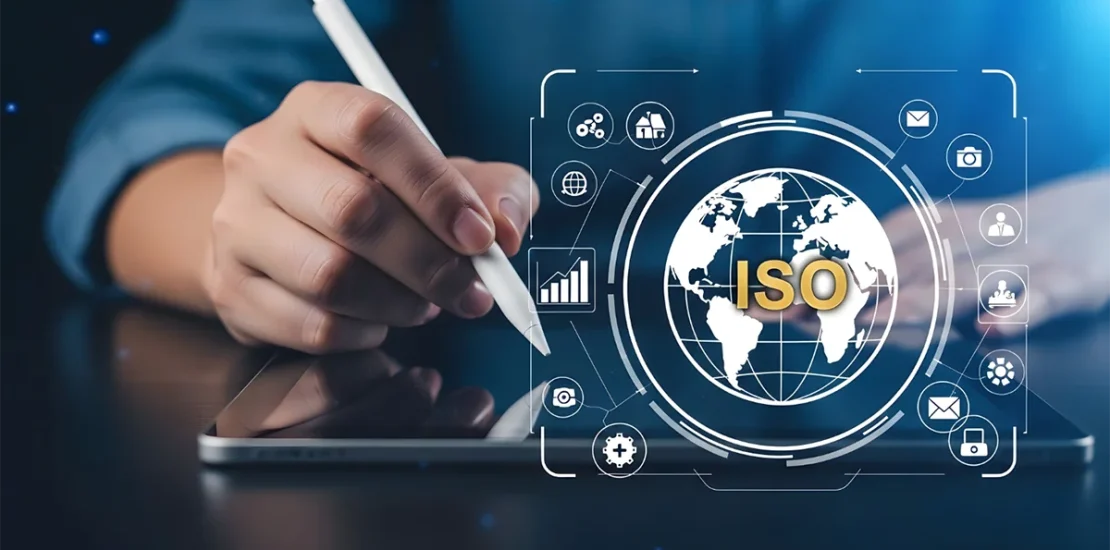 A professional using a tablet with a digital ISO globe overlay, representing the factors influencing ISO Certification Cost in UAE.