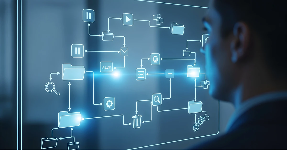 A professional man in the UAE analyzing a digital glowing flowchart on a glass screen, representing the strategic planning and gap analysis phases of an ISO 27001 implementation timeline.