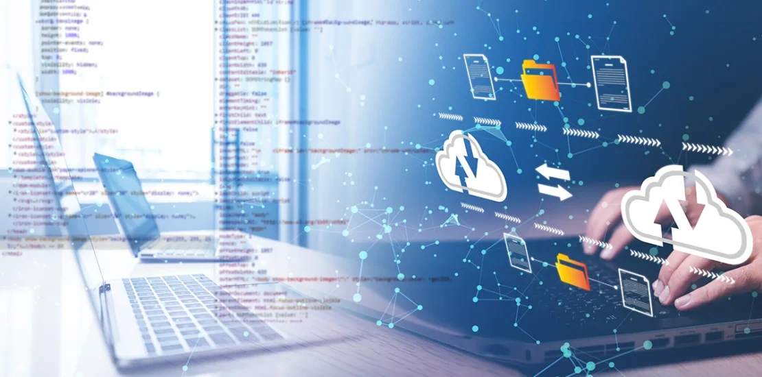 A digital representation of cloud data transfer and secure coding, illustrating the technical infrastructure that influences the ISO 27001 implementation cost in UAE for local businesses.