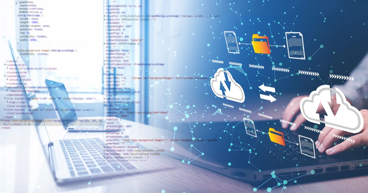 A digital representation of cloud data transfer and secure coding, illustrating the technical infrastructure that influences the ISO 27001 implementation cost in UAE for local businesses.