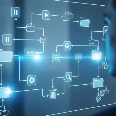 A professional man in the UAE analyzing a digital glowing flowchart on a glass screen, representing the strategic planning and gap analysis phases of an ISO 27001 implementation timeline.