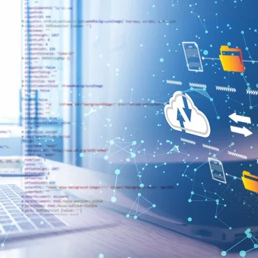 A digital representation of cloud data transfer and secure coding, illustrating the technical infrastructure that influences the ISO 27001 implementation cost in UAE for local businesses.